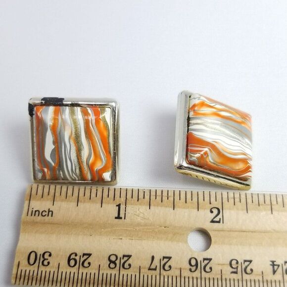 Vintage Orange and White Marbled Square Stud Earrings, Retro Design, Estate - Picture 5 of 7